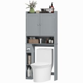 Modern Over the Toilet Storage Cabinet with 2 Doors, Above Commode Storage Cabinet with Toilet Paper Holder, Gray