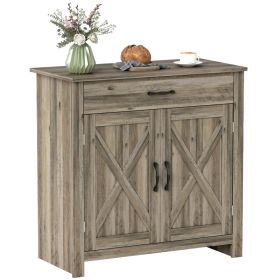 Farmhouse Sideboard Buffet Cabinet, Barn Door Coffee Bar Cabinet with Drawer and Adjustable Shelf for Kitchen, Living Room, Entryway, Gray