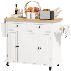 Kitchen Island on Wheels, Rolling Cart with Rubberwood Top, Spice Rack, Towel Rack and Drawers, Cream White