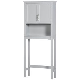 Modern Over The Toilet Storage Cabinet, Double Door Bathroom Organizer with Inner Adjustable Shelf and Open Shelf, Gray