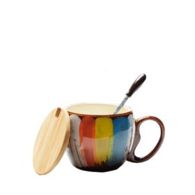 Creative ceramic cup milk cup water cup coffee cup breakfast cup couple cup to cup mug with lid spoon (Option: Yellow)