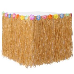 Grass Table Skirt Hawaiian Luau Party Decorations Supplies w/Hibiscus for Buffet BBQ Tiki Bar Beach Birthday Party Use (Option: TableGrassSkirt2M)