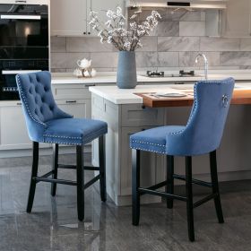 Contemporary Velvet Upholstered Barstools with Button Tufted Decoration and Wooden Legs, and Chrome Nailhead Trim, Leisure Style Bar Chairs,Bar stools (Color: as Pic)